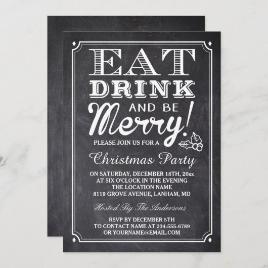 Invitation Mangez Boire et Soyez Joyeux Chalkboard Fête de No (Devant / Derrière)