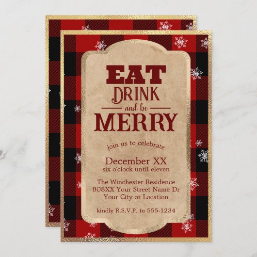 Invitation Mangez Boire et Soyez Joyeux Rouge Rustique Plaid (Devant / Derrière)