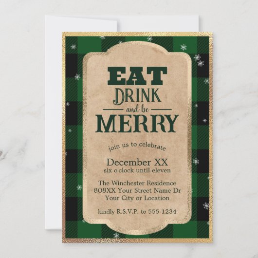 Invitation Mangez Boire et Soyez Joyeux Vert Plaid Noël (Devant)