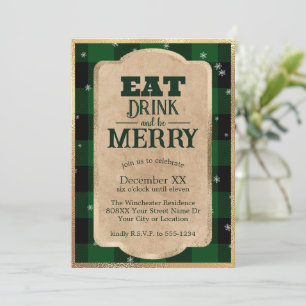Invitation Mangez Boire et Soyez Joyeux Vert Plaid Noël
