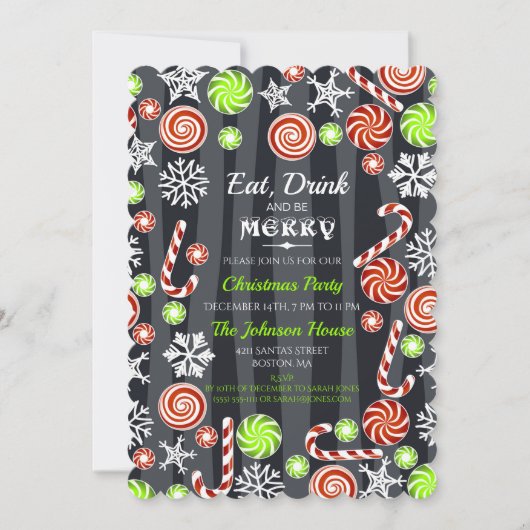 Invitation Mangez Boire Soit Joyeux Noël Bonbons Snowflakes (Devant)