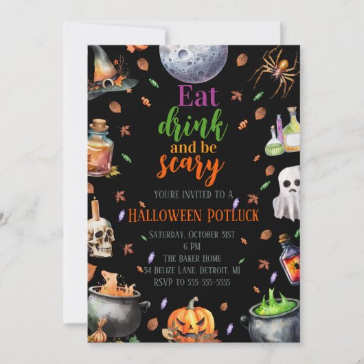 Invitation Mangez Boire & Soyez Effrayant Halloween Potluck P (Devant)