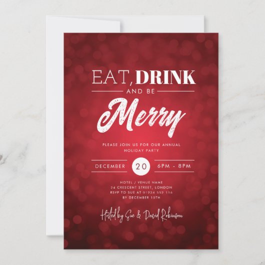 Invitation Mangez, Boire Soyez Joyeux Noël Red Bokeh (Devant)