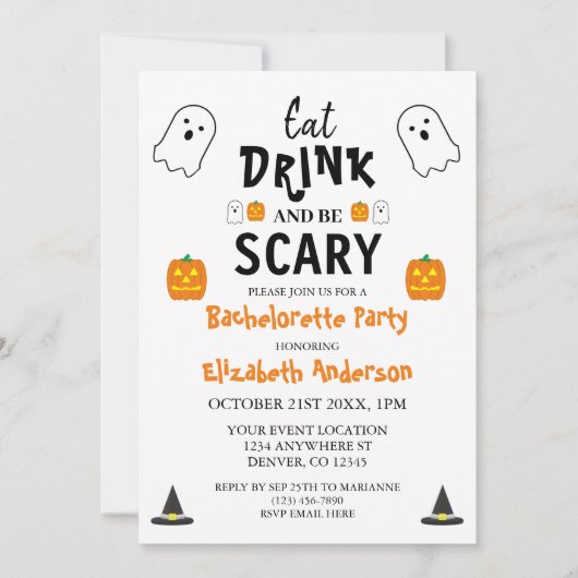 Invitation Mangez, buvez et soyez effrayant Halloween Bachelo (Devant)