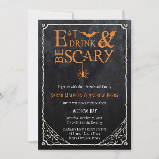 Invitation Mangez, buvez et soyez effrayant Mariage d'Hallowe (Devant)