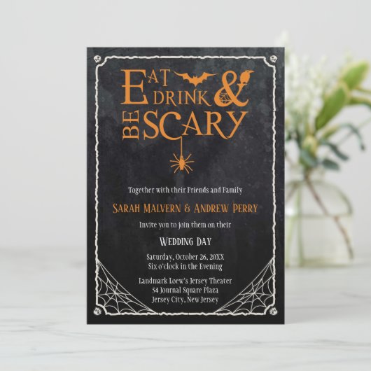 Invitation Mangez, buvez et soyez effrayant Mariage d'Hallowe (Debout devant)
