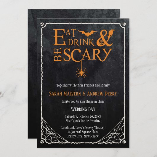 Invitation Mangez, buvez et soyez effrayant Mariage d'Hallowe (Devant / Derrière)