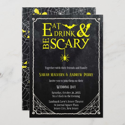 Invitation Mangez, buvez et soyez effrayant Mariage d'Hallowe (Devant / Derrière)