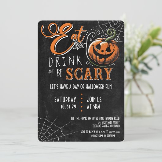 Invitation Mangez, buvez et soyez effrayants Halloween Party (Debout devant)