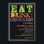 Invitation Mangez, Buvez Et Soyez Ghoulish ! Fête d'Halloween<br><div class="desc">Invitation tes amis pour une nuit de manger, boire, et faire peur à ton château avec cette invitation amusante pour une fête d'Halloween. Il présente des tons amusants de vert pâle, d'orange citrouille et de violet éffrayant sur un arrière - plan noir à jet avec des zones de texte facilement...</div>