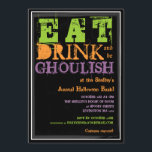 Invitation Mangez, Buvez Et Soyez Ghoulish ! Fête d'Halloween<br><div class="desc">Invitation tes amis pour une nuit de manger, boire, et faire peur à ton château avec cette invitation amusante pour une fête d'Halloween. Il présente des tons amusants de vert pâle, d'orange citrouille et de violet éffrayant sur un arrière - plan noir à jet avec des zones de texte facilement...</div>