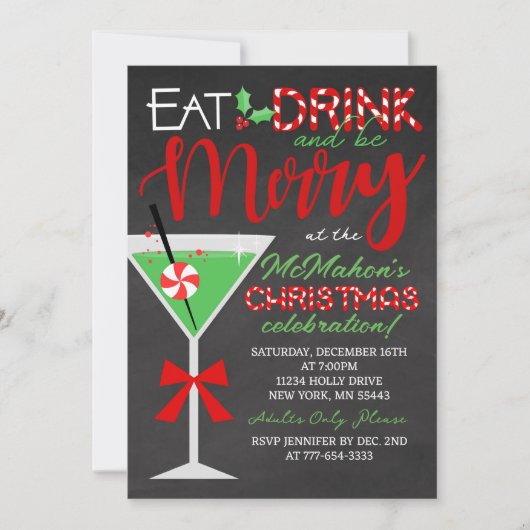 Invitation Mangez, buvez et soyez joyeux Chalkboard Noël Part (Devant)