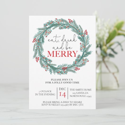 Invitation Mangez, buvez et soyez joyeux Noël fête Potluck (Debout devant)