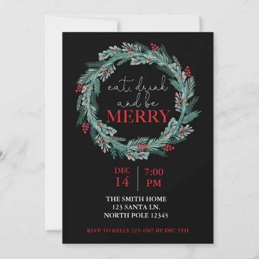 Invitation Mangez, Buvez et Soyez Joyeux Noël Fête Potluck I (Devant)