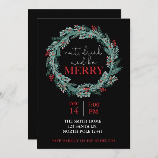 Invitation Mangez, Buvez et Soyez Joyeux Noël Fête Potluck I (Devant / Derrière)