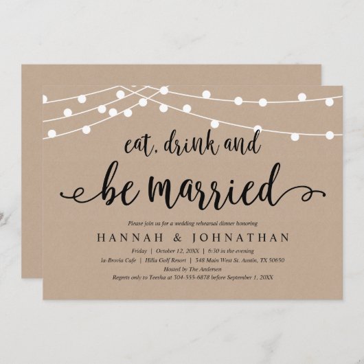 Invitation Mangez, buvez et soyez mariés, Dîner de répétition (Devant / Derrière)