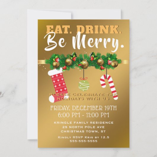 Invitation Mangez la boisson soit joyeuse fête de vacances (Devant)