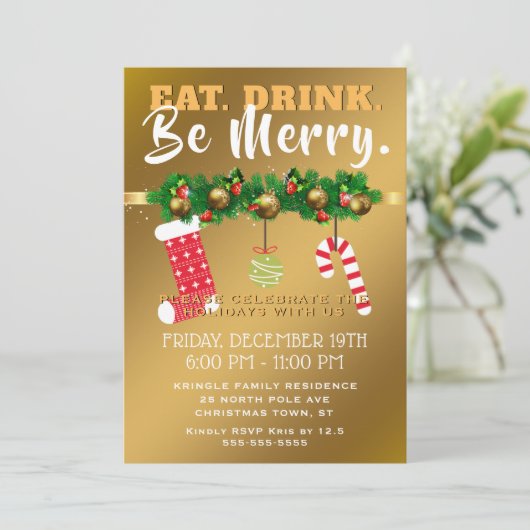 Invitation Mangez la boisson soit joyeuse fête de vacances (Debout devant)