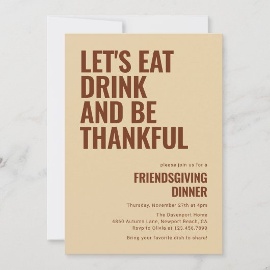 Invitation Mangez un verre et soyez heureux Dîner d'action d' (Devant)