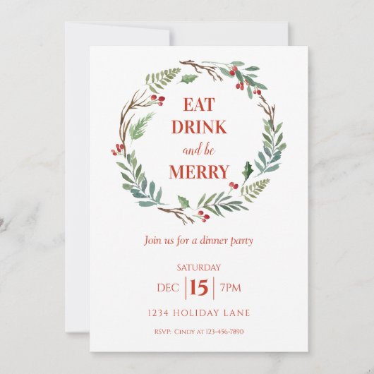 Invitation Mangez un verre et soyez joyeux dîner de Noël (Devant)