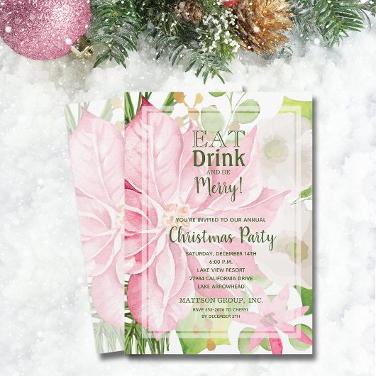 Invitation Mangez un verre et soyez joyeux fête de Noël flora