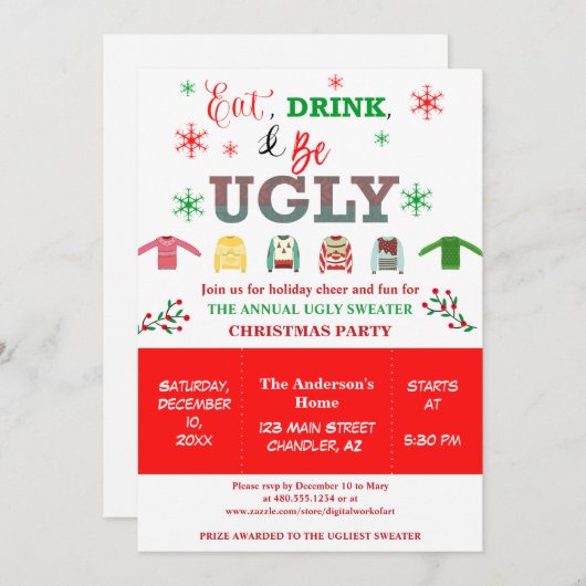 Invitation Mangez un verre et soyez moche Noël Fête (Devant / Derrière)