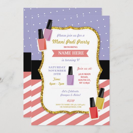 Invitation Mani Pedi Beauté Spa fête d'anniversaire Pamper po (Devant / Derrière)