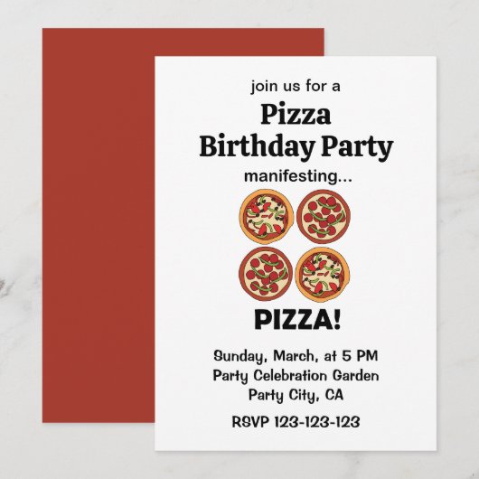 Invitation Manifesting Pepperoni Pizza Birthday Party (Devant / Derrière)