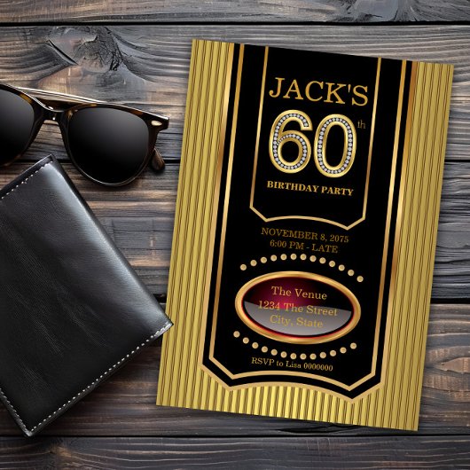 Invitation Mans Black Gold 60e fête d'anniversaire
