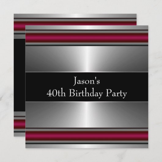 Invitation Mans Black Red Silver Classy 40e fête d'anniversai (Devant / Derrière)