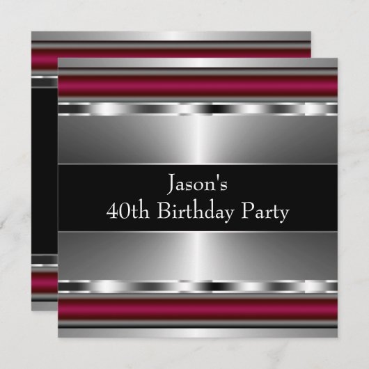 Invitation Mans Black Red Silver Classy 40e fête d'anniversai (Devant / Derrière)