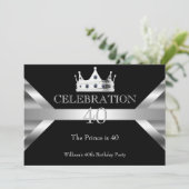 Invitation Mans Elégant Noir Argent Prince King Anniversaire (Debout devant)