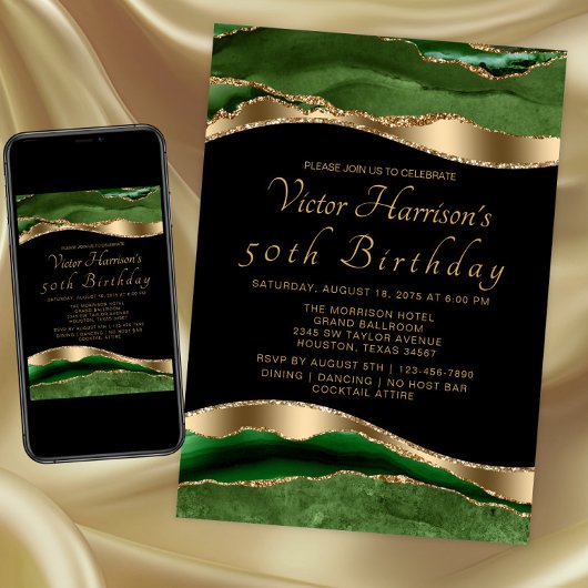 Invitation Mans Emerald Green Gold Agate Anniversaire