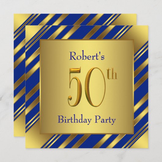 Invitation Mans Royal Blue et Gold 50e fête d'anniversaire (Devant / Derrière)