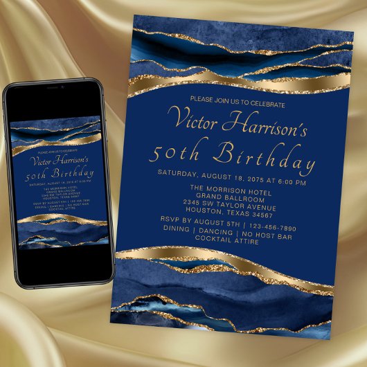 Invitation Mans Royal Blue Gold Agate Anniversaire