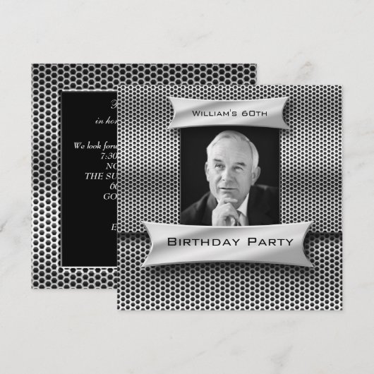Invitation Mans Vintage 60ème Argent Métal Noir Anniversaire (Devant / Derrière)