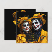 Invitation Maquillage d'Halloween jaune couple caricature (Devant / Derrière)