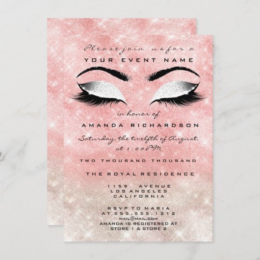 Invitation Maquillage d'ivoire rose Parties scintillant blanc (Devant / Derrière)