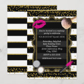 Invitation Maquillage Gold Confetti & Stripes Glamor (Devant / Derrière)