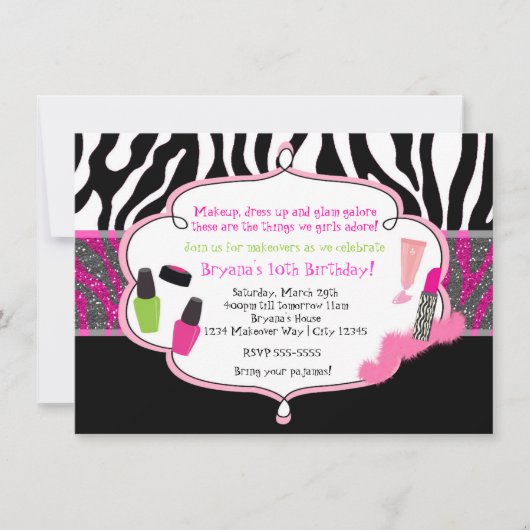 Invitation Maquillage Makeover Zebra Anniversaire Fête Invita (Devant)