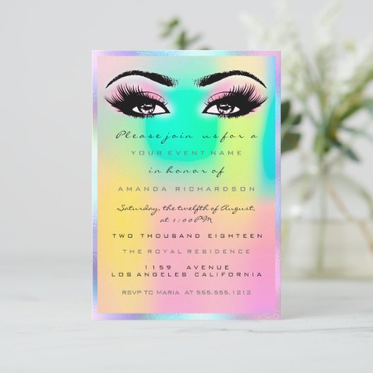 Invitation Maquillage Rose Holographique Mariée Douce 16ème (Debout devant)