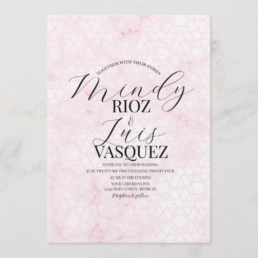 Invitation Marble Abstract Pink Wedding Script Black  (Devant)