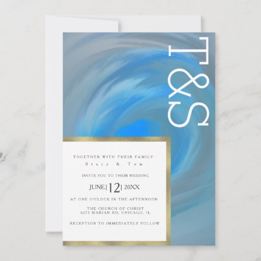 Invitation Marble Blue Wave Beach Typographie Mariage (Devant)