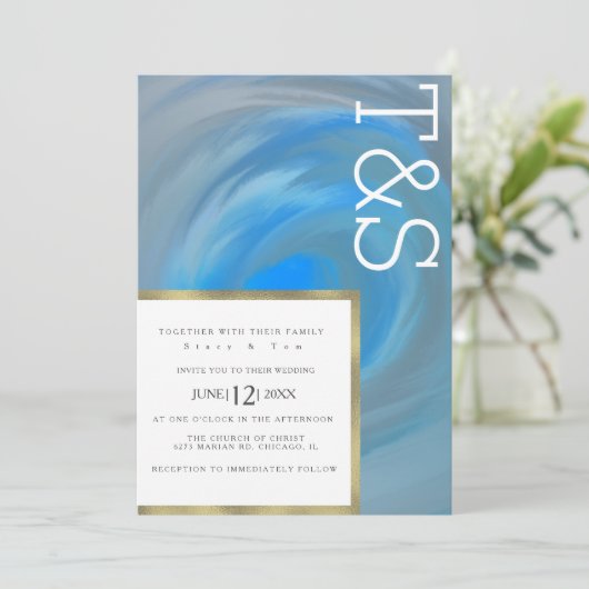 Invitation Marble Blue Wave Beach Typographie Mariage (Debout devant)