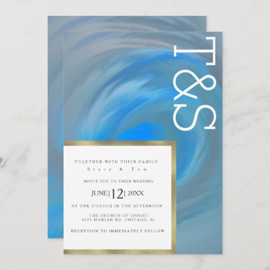 Invitation Marble Blue Wave Beach Typographie Mariage (Devant / Derrière)