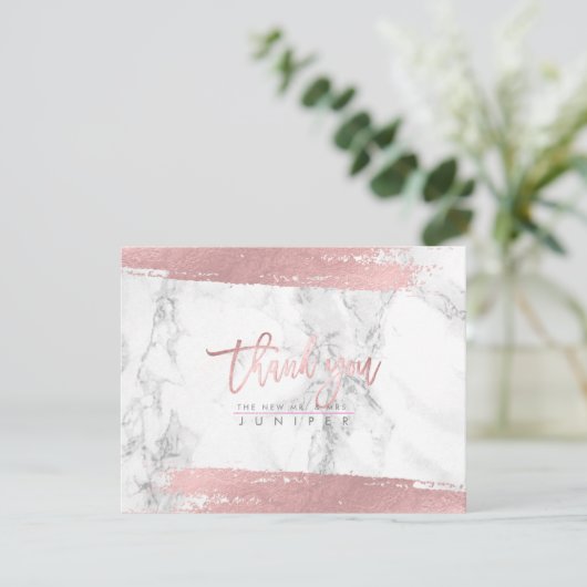 Invitation Marble Faux Rose Gold Script Merci (Debout devant)