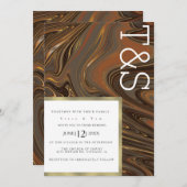 Invitation Marble Liquid Brown Gold Typographie Mariage (Devant / Derrière)