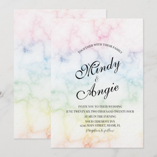 Invitation Marble Rainbow Gay Script Wedding (Devant / Derrière)