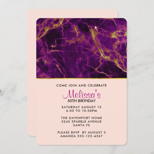 Invitation Marbre Abstrait moderne violet et or Anniversaire (Devant / Derrière)