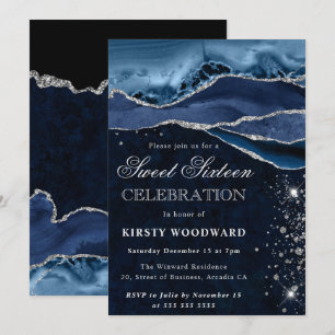 Invitation Marbre Agate Argent Bleu Glam Sweet 16